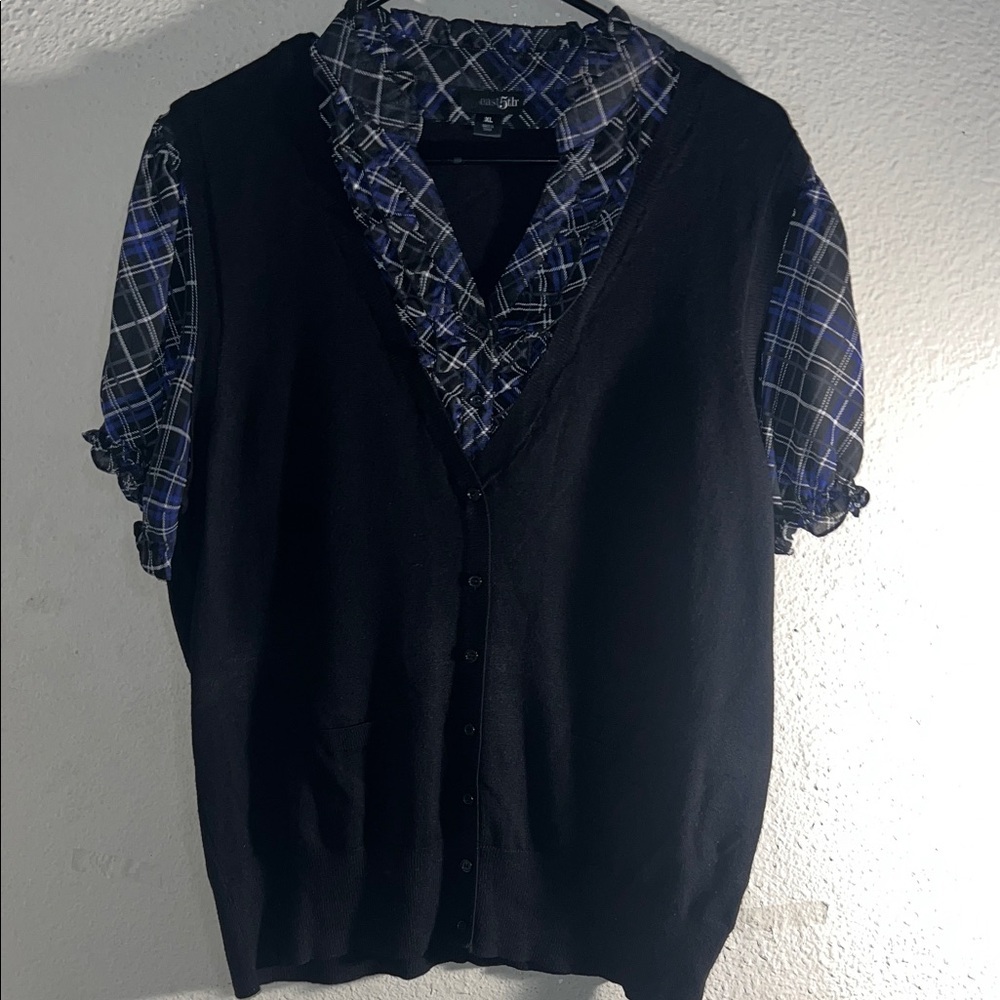 East 5th Black Vest with Blue Plaid Blouse